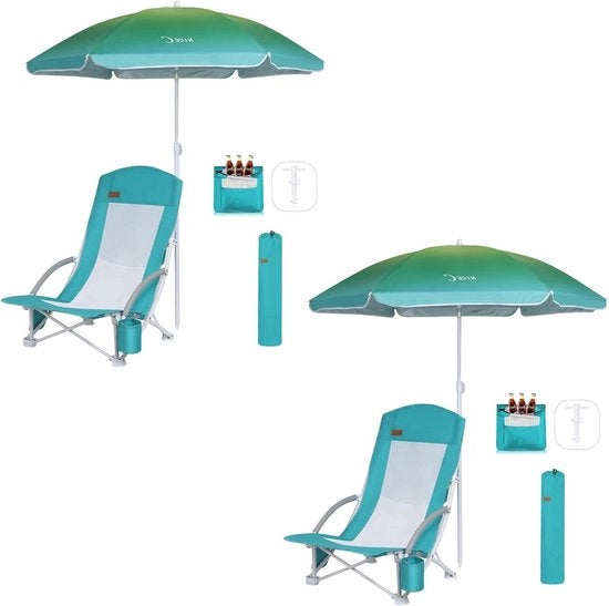 Campingstoel pieghevole per adulti con parasole UPF 50, zaino e 2 sedie da spiaggia blu