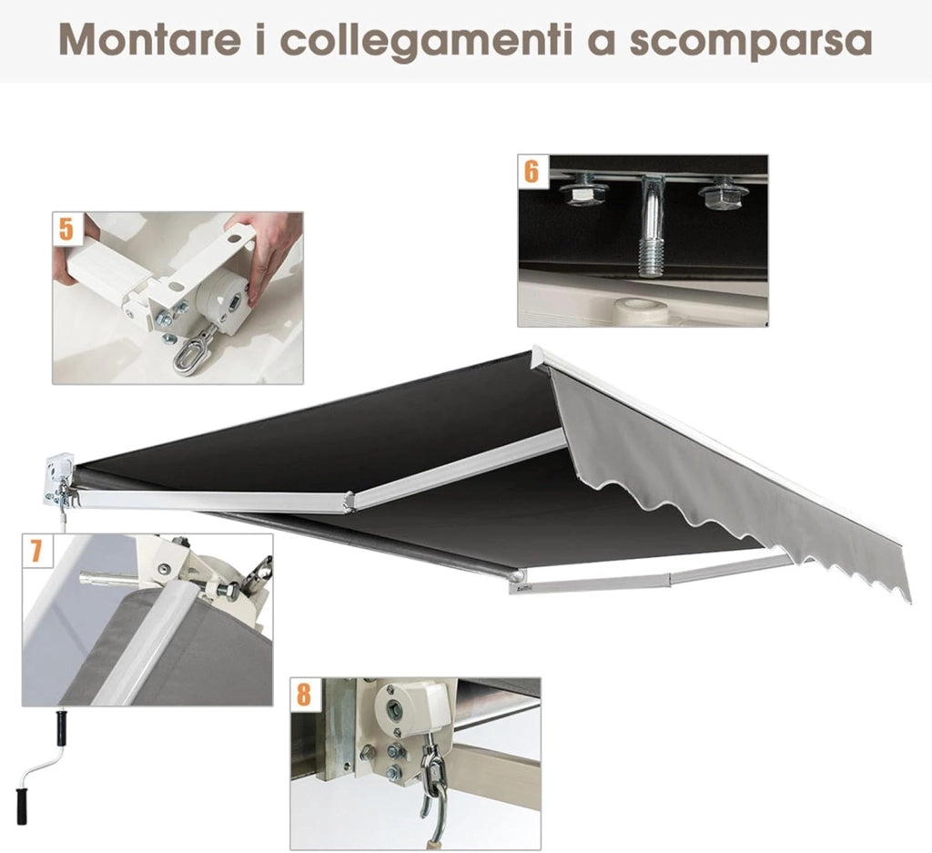 Tenda da Sole per Esterno Avvolgibile, Tenda da Sole a Bracci Estensibili con Telaio in Alluminio e Tettuccio Resistente al Sole e Impermeabile e Manovella (Grigio, 295 x 250 cm)
