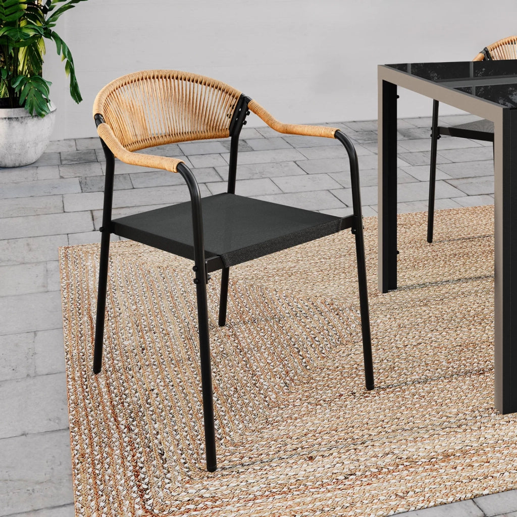 IDMarket - Set di 4 sedie da giardino MADEIRA: metallo, corda e textilene nero e rattan chiaro