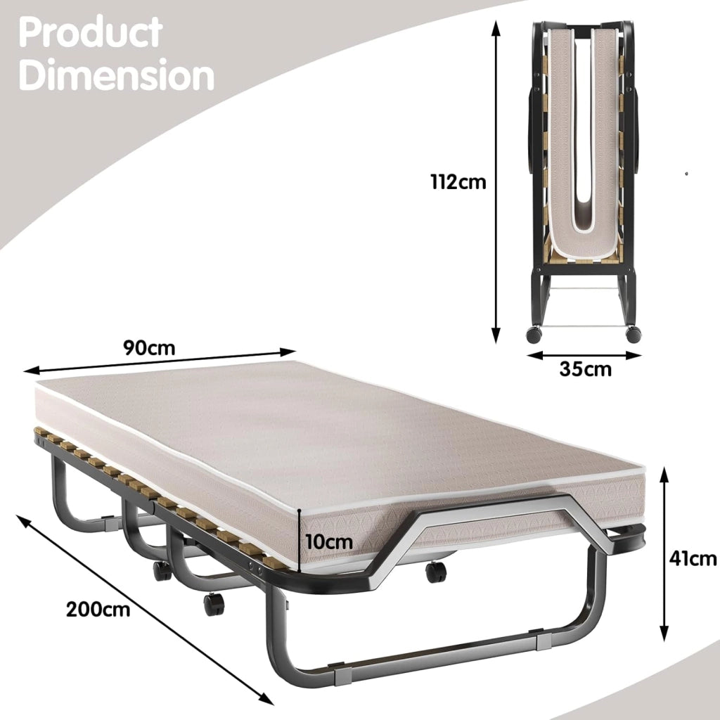 Letto Singolo Pieghevole, Portata di 120 kg, con 4 Ruote, 4 Gambe in Mettallo, Fibbia Fissata, 90 x 200 cm, Materasso di 10 cm, Ideale per Viaggio e di Riserva
