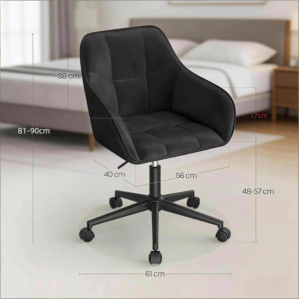 Sedia ergonomica girevole in velluto nero, altezza regolabile, base metallica a 5 razze, portata 150 kg