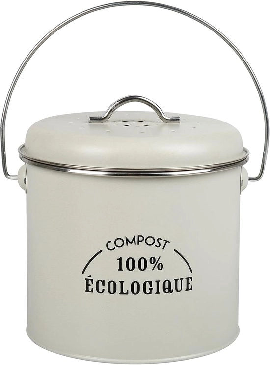 Cassa di Composto per Cucina - Diametro 16 cm - Altezza 25 cm - Realizzato in Metallo Verniciato - Incluso 1 Filtro a Carbonio per Raccogliere Odori - Beige