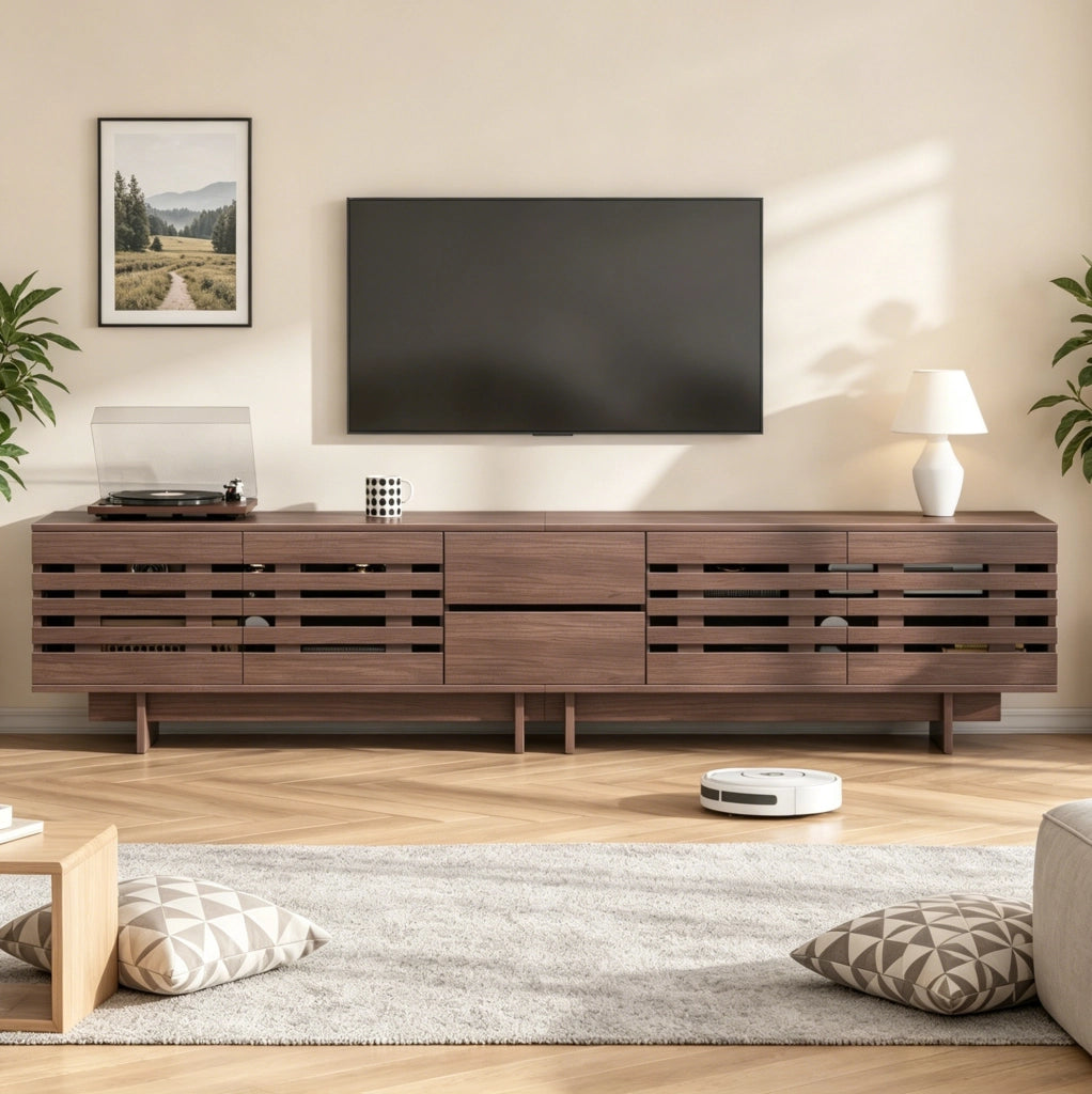 Mobile TV moderno 200 cm in legno noce con 4 ante e 2 cassetti