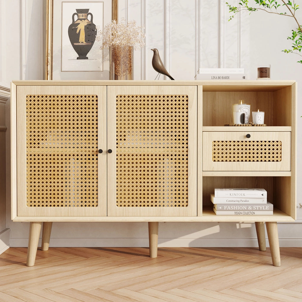 OKWISH Credenza Retrò con 1 Cassetto e 2 Ante Magnetiche, Ripiani Regolabili, per Soggiorno o Sala da Pranzo, 120×40×80 cm