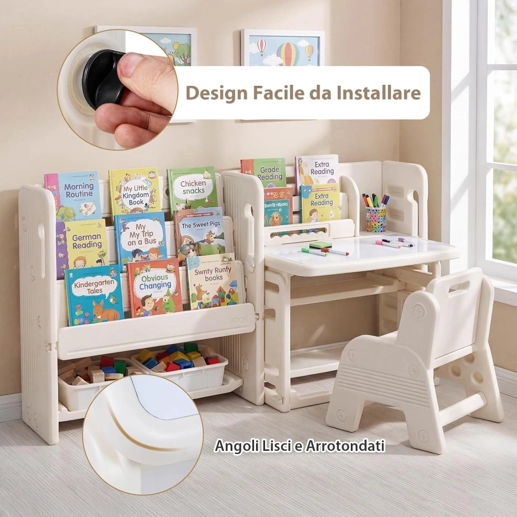 Set Tavolo e Sedia per Bambini 3+ Anni, Tavolino per Bambini con Scaffali Laterali e Cestini Portaoggetti, Piano Inclinabile e Lavagna Cancellabile, Tavolino e Sedie per Cameretta Ragazzi
