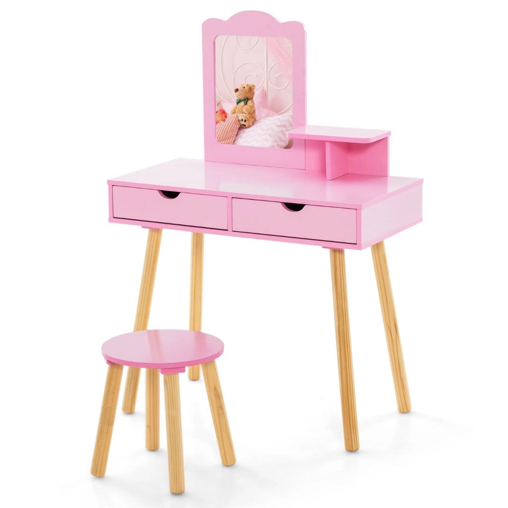 Postazione trucco bambina 2 in 1 toeletta e sgabello in legno per bambine, Postazione di compleanno natale per bambine Rosa scuro-Toelette per bimbi