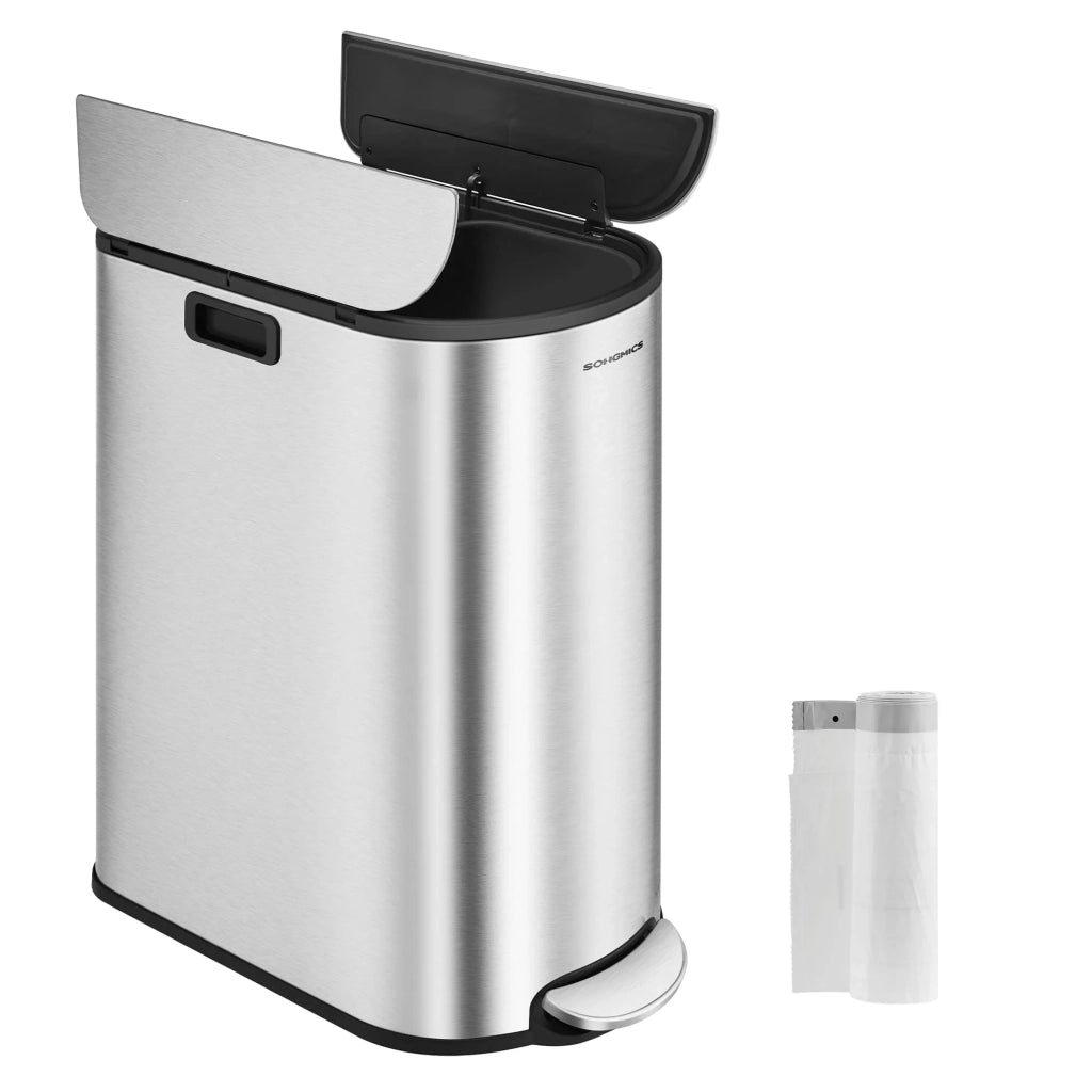 Pattumiera doppia da cucina 30 litri e 20 litri design sottile 2 scomparti per la raccolta differenziata e il riciclaggio dei rifiuti con pedale e coperchi grigi 12_0007209
