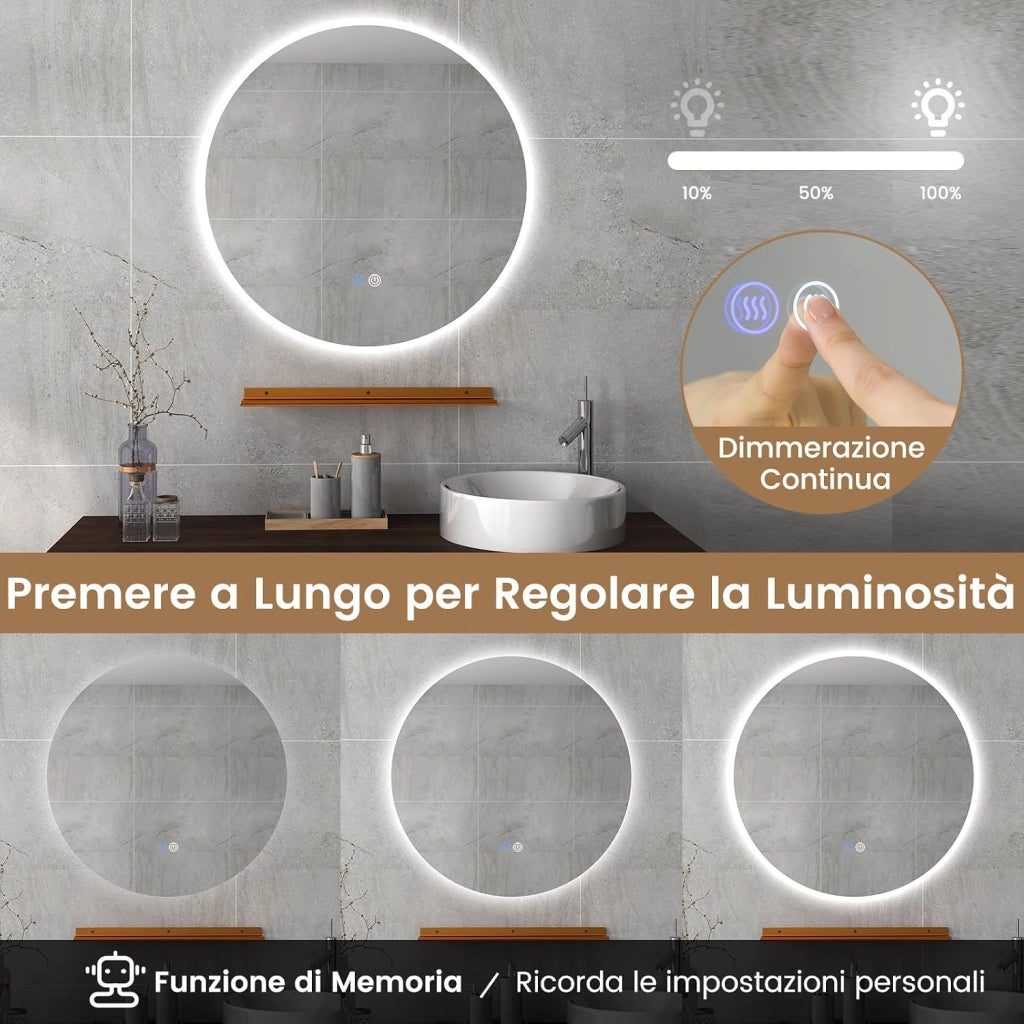 Specchio da Parete 60cm, Specchio Rotondo Bagno con Luci Led a 3 Colori, Mensola e Funzioni di Autosbrinante e di Memoria, per Soggiorno e Camera da Letto, IP44