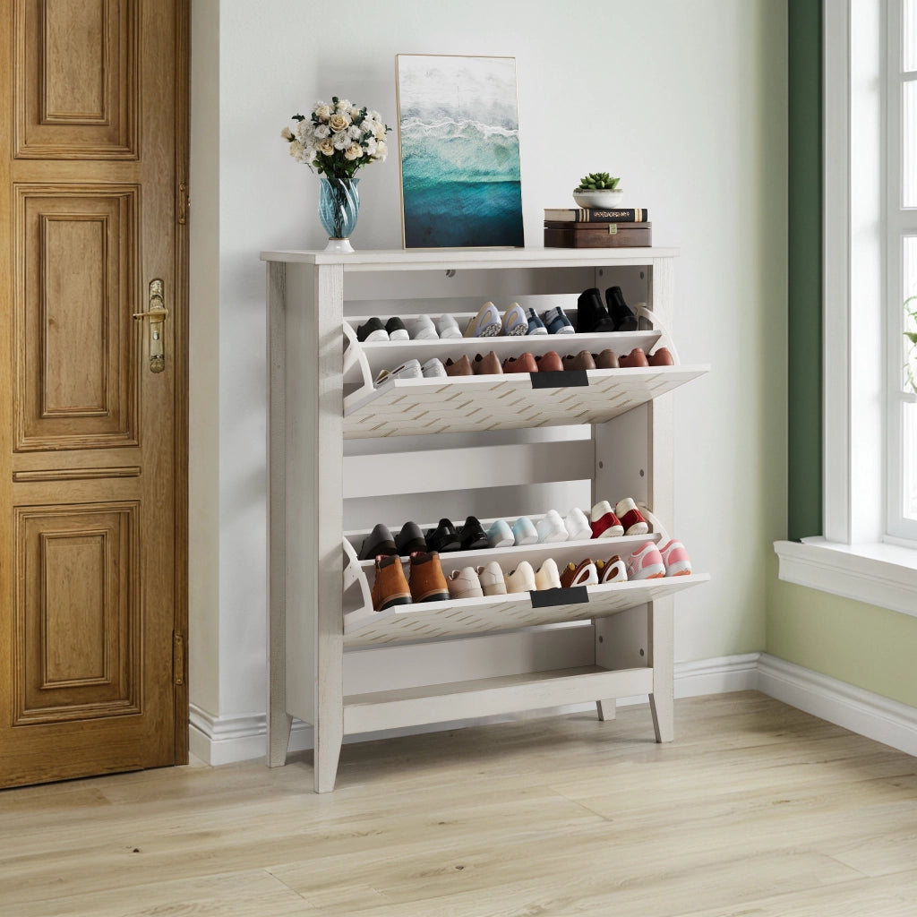 Scarpiera con 2 ante ribaltabili e vano aperto, stile farmhouse, con antiribaltamento, per ingresso, in MDF, bianco