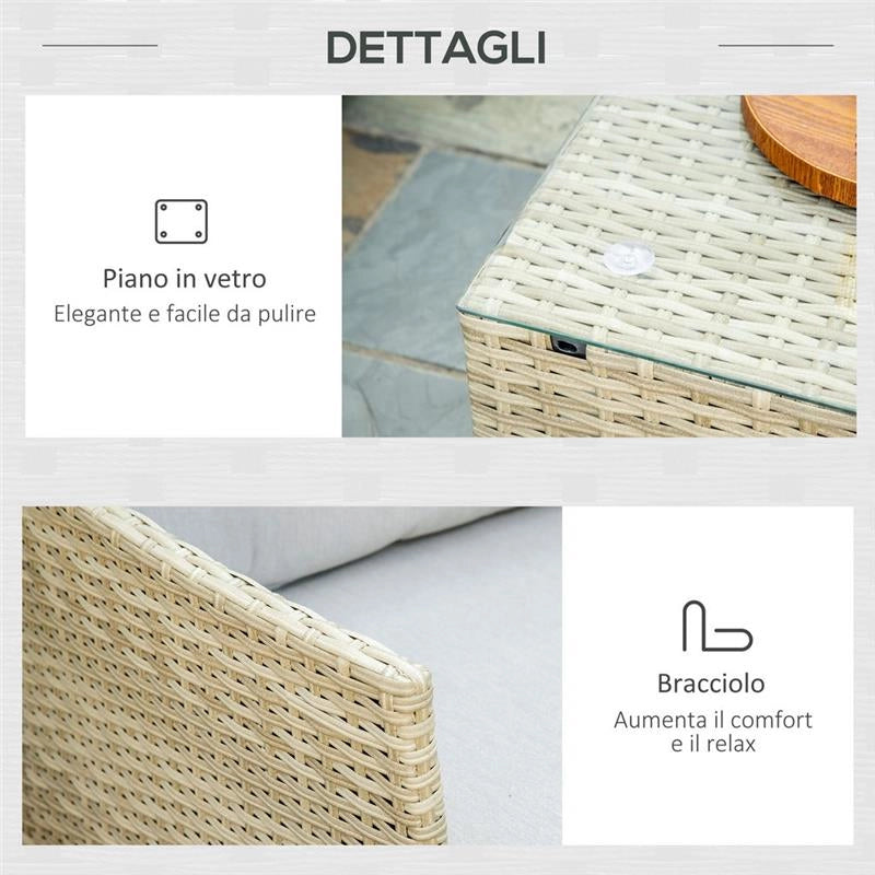 SALOTTO DA GIARDINO 7 PEZZI MODULABILE IN RATTAN PE CON CUSCINI, BEIGE