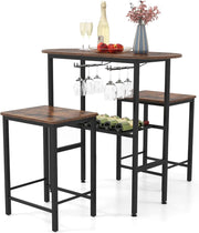 Set da pranzo 3 pezzi, tavolo bar con 2 sgabelli, portabottiglie, 2 portabicchieri da vino, poggiapiedi, tavolo da cucina industriale per soggiorno, cucina (marrone rustico)