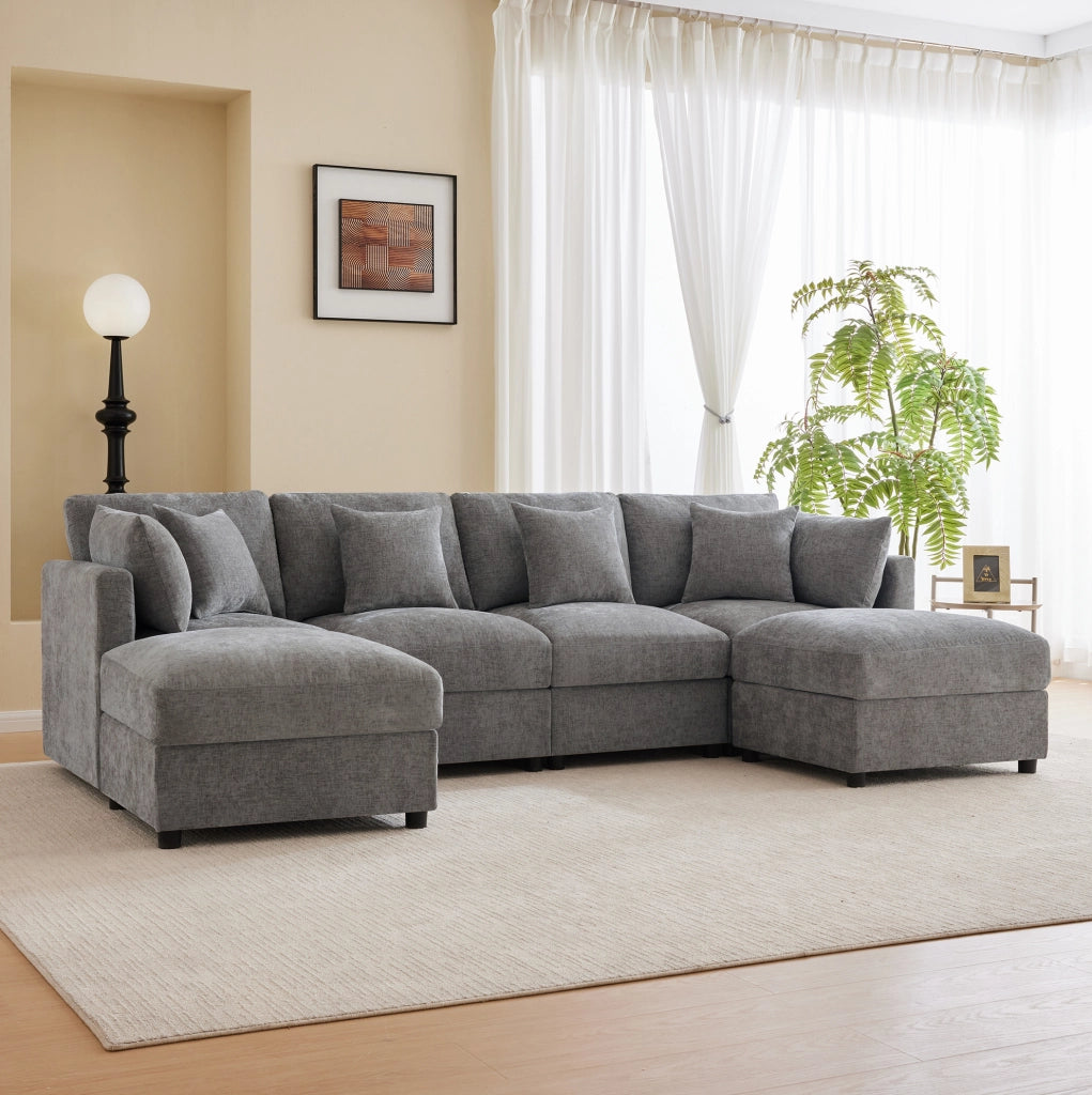 Divano modulare 4 posti in ciniglia grigio con 2 pouf e braccioli regolabili