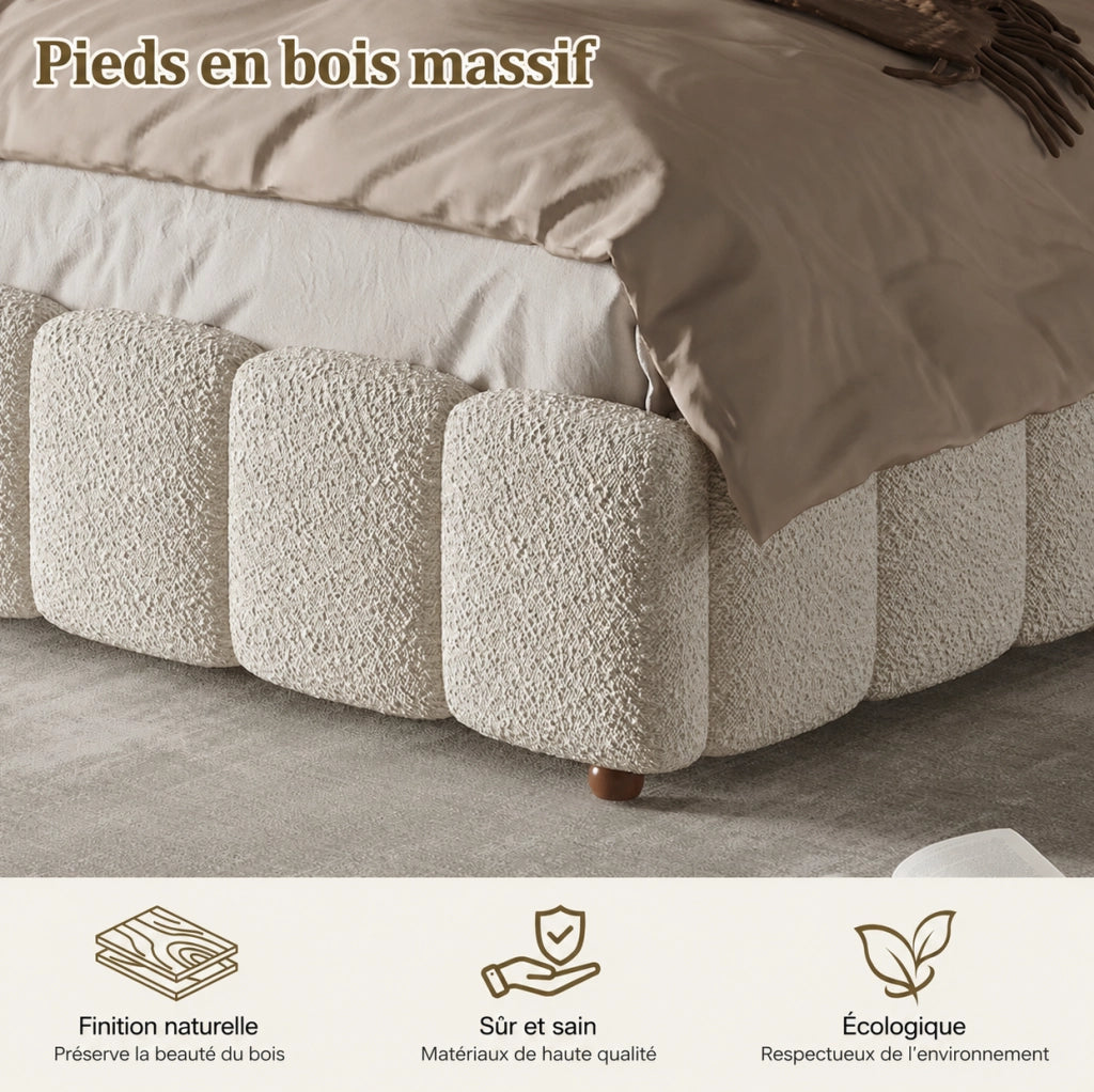 Letto matrimoniale imbottito 180x200 cm in bouclé bianco con rete a doghe
