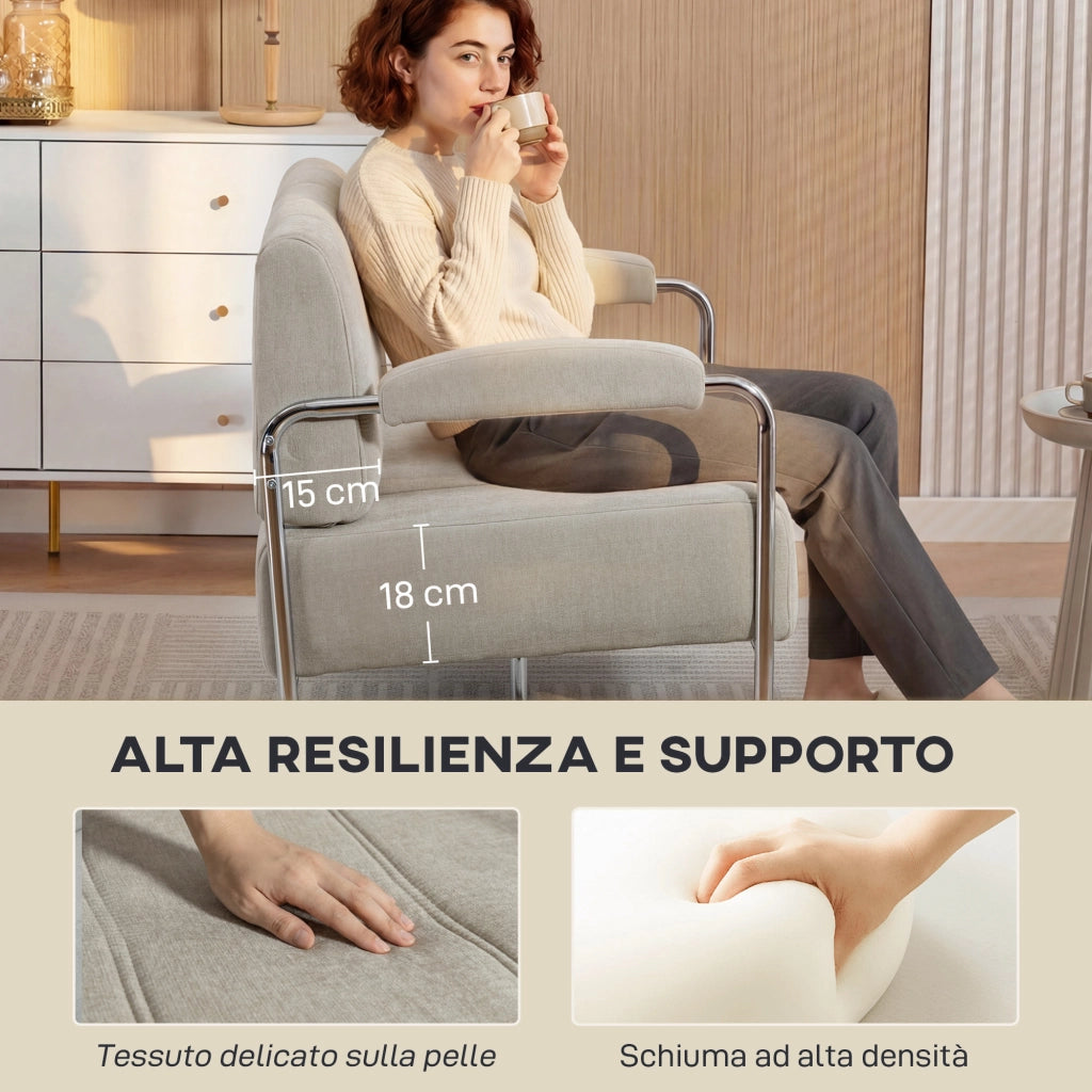 Divano 3 Posti Moderno 174x75x76 cm Rivestito in Ciniglia Struttura in Acciaio Beige