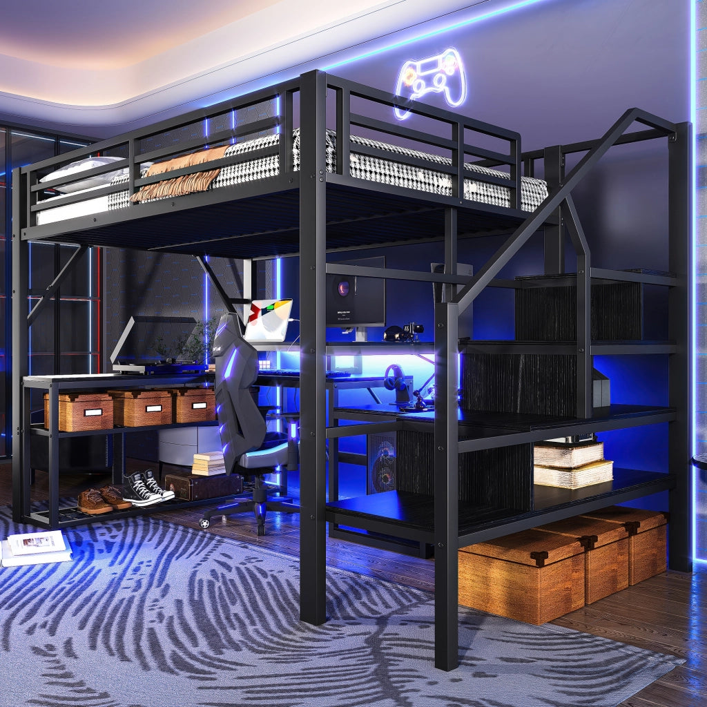 Letto a castello nero in metallo con funzione scrivania e illuminazione LED 140x200 cm