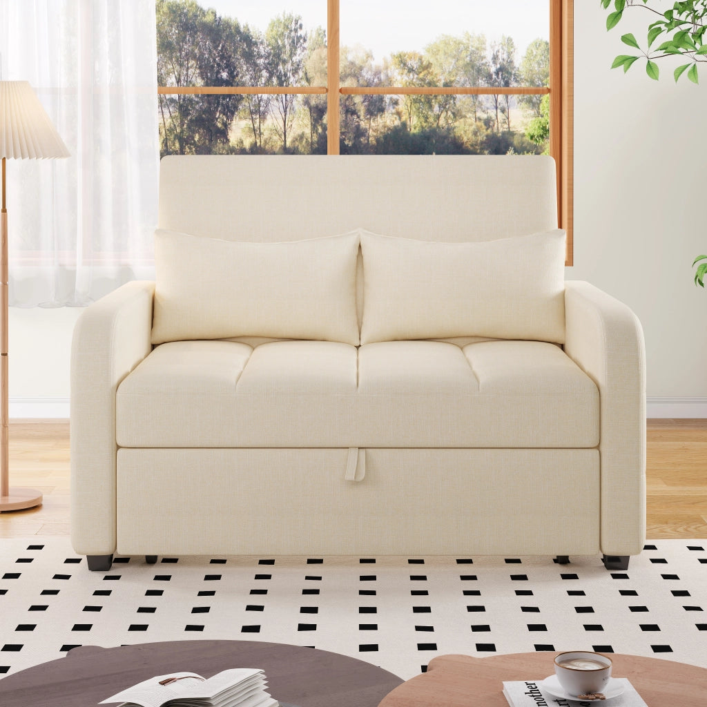 Divano Letto Clic-Clac 2 Posti con Schienale Reclinabile 3 Posizioni e 2 Cuscini Salvaspazio Struttura Legno Metallo in Tessuto Beige