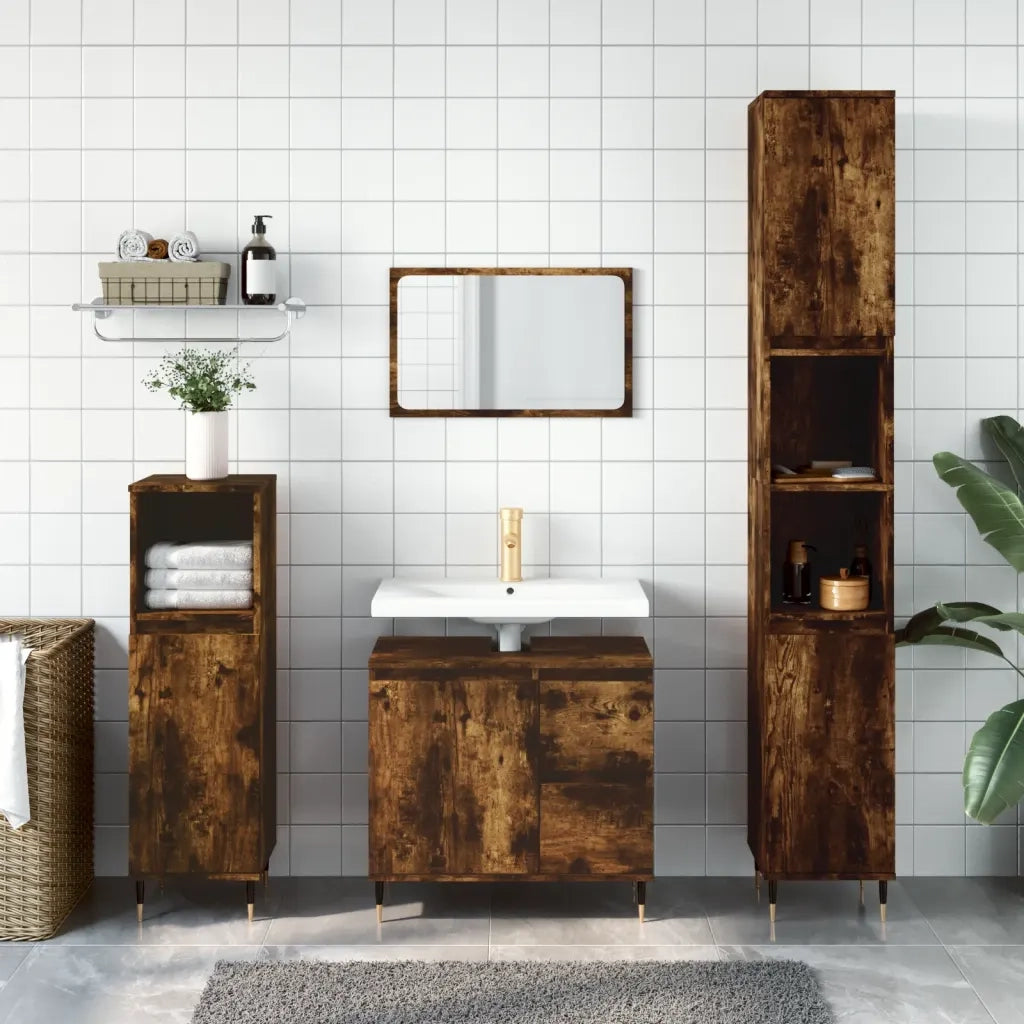 Set Mobili da Bagno | Armadio da bagno 3 pz Rovere Fumo in Legno Multistrato