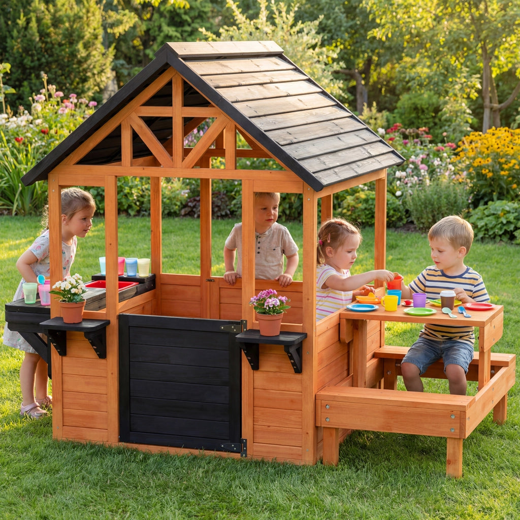 Casetta per bambini in legno con tavolo, panche e fioriere ¨C zephmum ¨C marrone