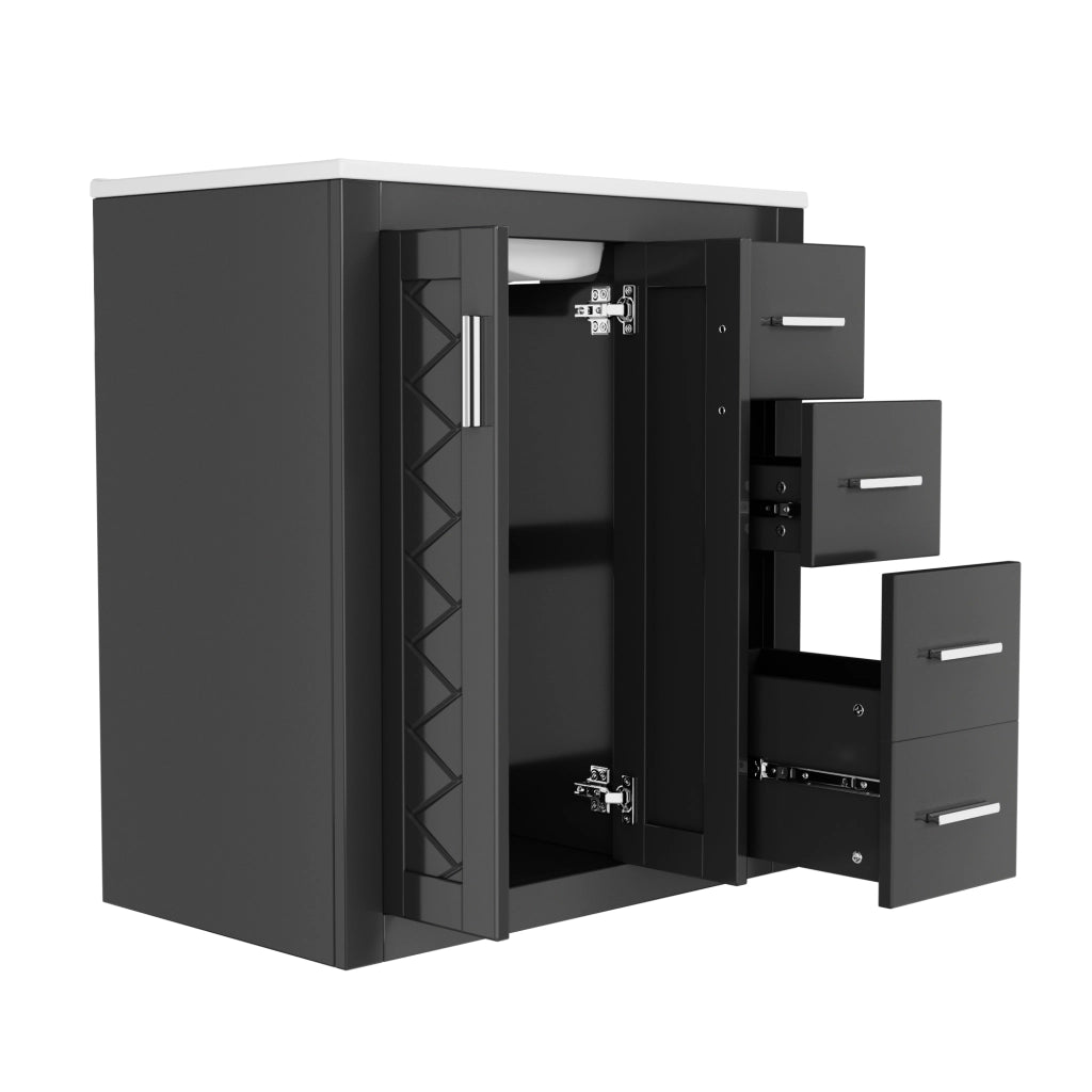 Mobile sottolavabo con lavabo integrato 3 cassetti doppio armadietto MDF e ceramica nero 76 × 46,5 × 85,5 cm