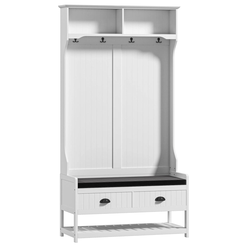 Appendiabiti da ingresso 2 in 1 con panca porta scarpe, ripiani e cassetti, struttura in MDF, bianco