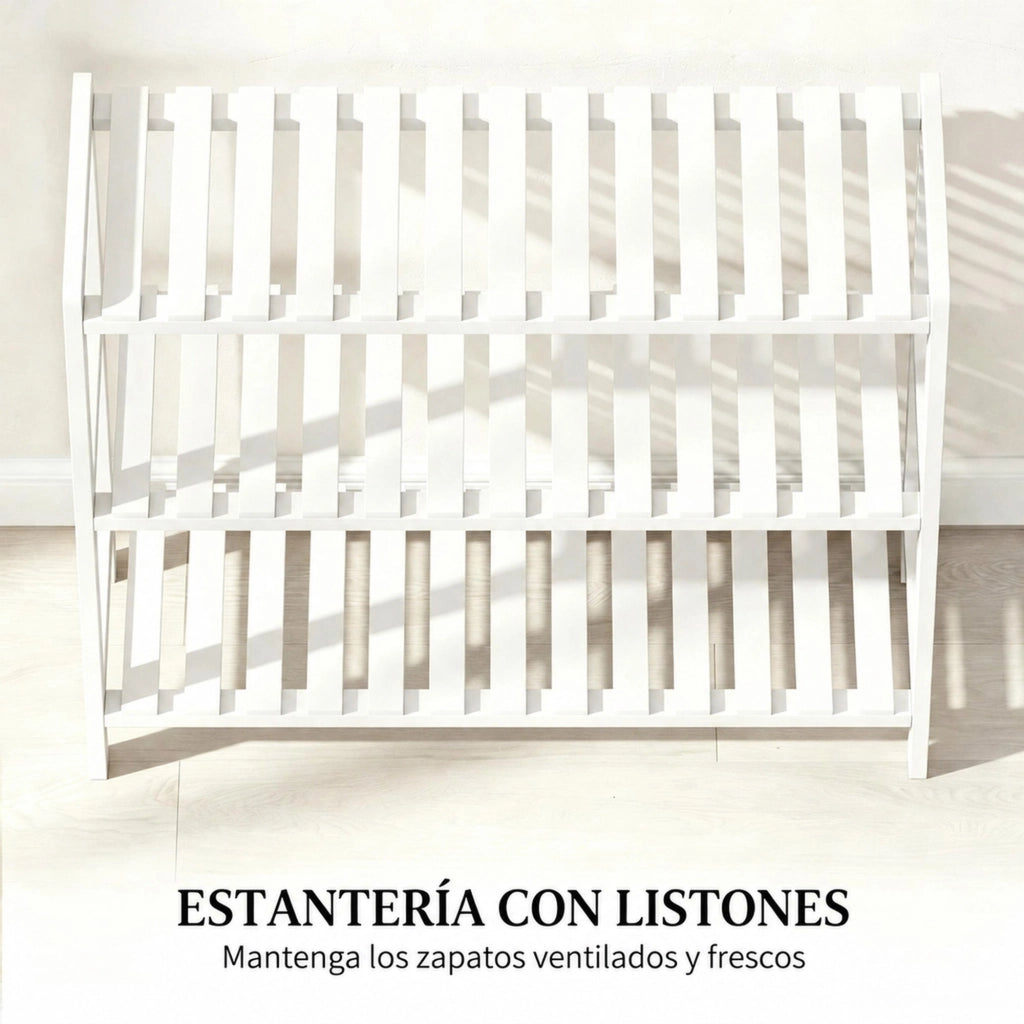 Scarpiera 70x26x57，5 cm in pino e MDF bianco， 3 ripiani per ingresso