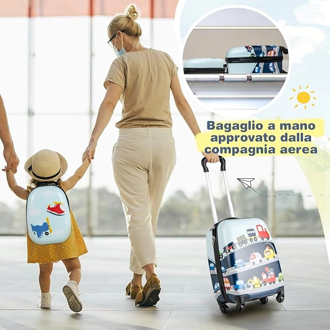 Set di Valigia per Bambini, 16" Valigia+ 12" Zaino, 2 Pezzi, con Ruote Girevoli a 360° e Maniglia Retrattile, Ideale per Viaggiare in Modo Comodo e Divertente (Modello 22)