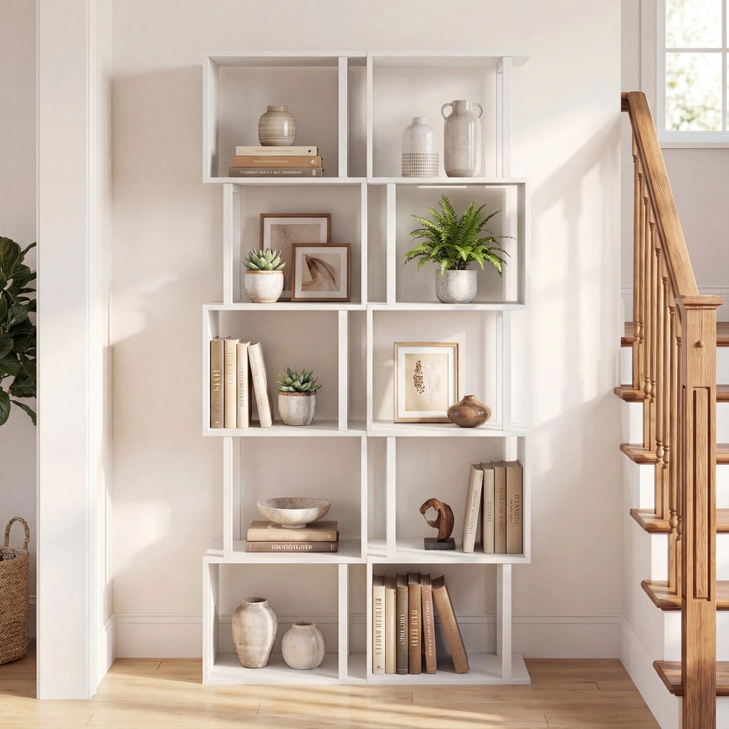 Libreria a 5 livelli in legno con struttura in metallo e 5 scomparti geometrici, Mobile portaoggetti salvaspazio per camera soggiorno ufficio Bianco