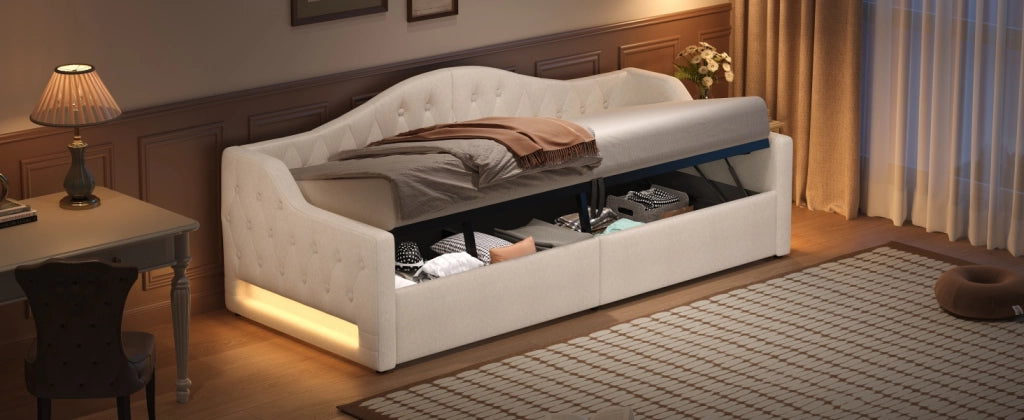 DESMIU Divano letto 90 × 200 cm con LED, vano contenitore, senza materasso, in MDF e compensato, beige