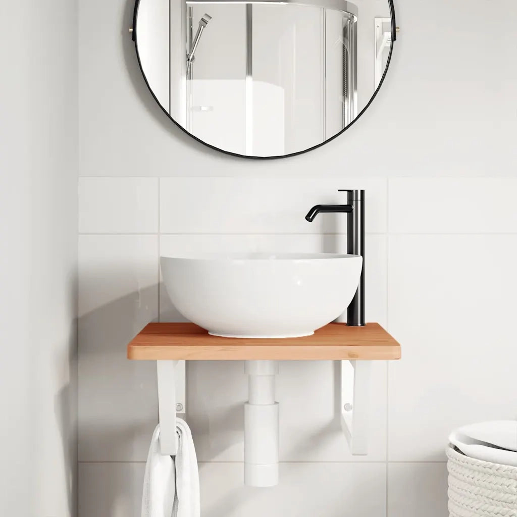 Ripiano a Parete per Lavabo in Acciaio e Massello di Faggio