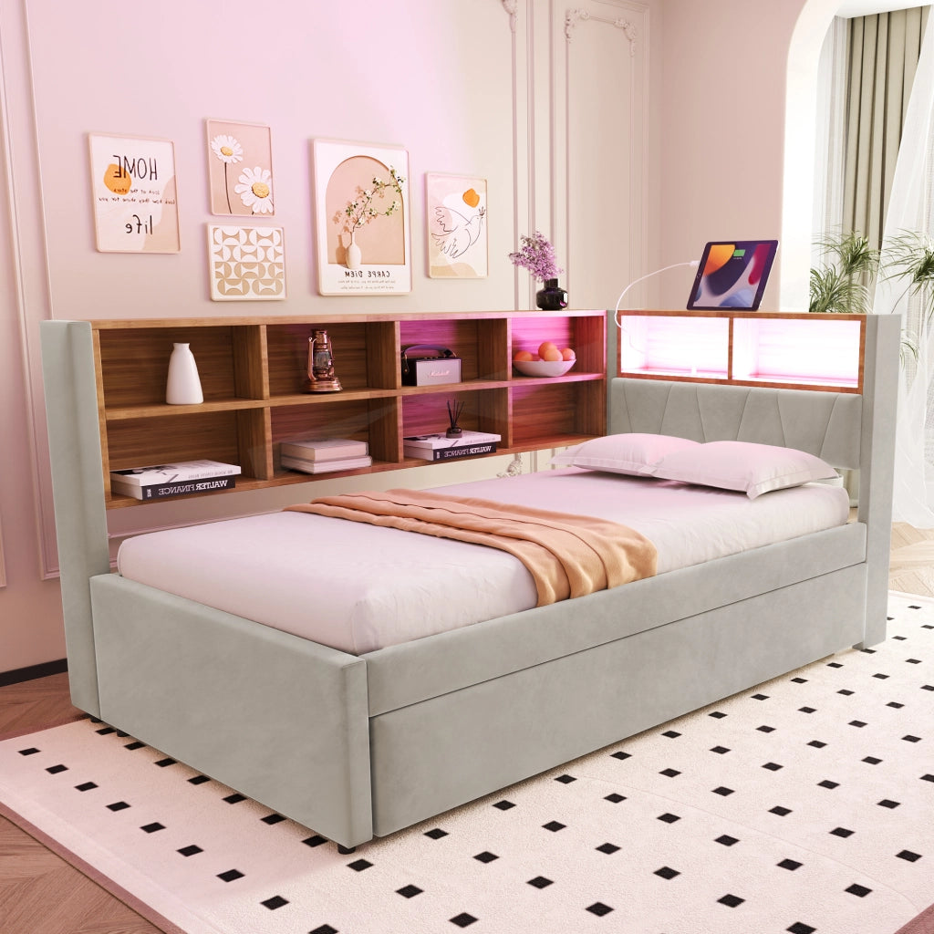 Divano letto multifunzionale 90x200 cm con letto estraibile 90x190 cm, LED, prese di ricarica e vani contenitore, grigio chiaro