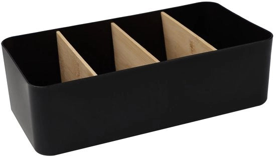 Organizzatore da ufficio 4-vacche, contenitore per penne in bambù con compartimenti rimovibili, organizzatore multifunzionale per ufficio con telecomando per penne, appunti adesivi, occhiali e forbici (nero)