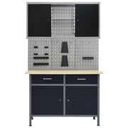 Banco da lavoro da 120 cm con 3 pannelli a parete e 1 mobiletto da officina tavolo da lavoro grigio/nero 02_0003661