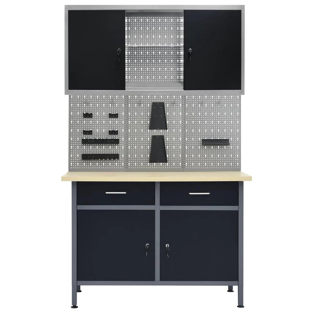 Banco da lavoro da 120 cm con 3 pannelli a parete e 1 mobiletto da officina tavolo da lavoro grigio/nero 02_0003661