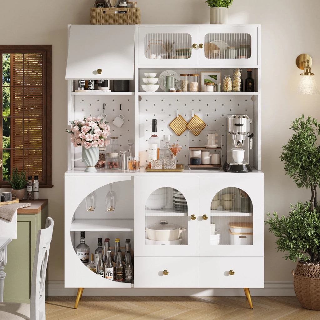 Credenza alta LED con prese USB e portabottiglie, bianca