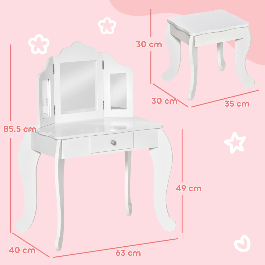 Toeletta Trucco per Bambine Consolle e Sgabello 63x40x85,5 cm con Triplo Specchio in Legno e Acrilico Bianco
