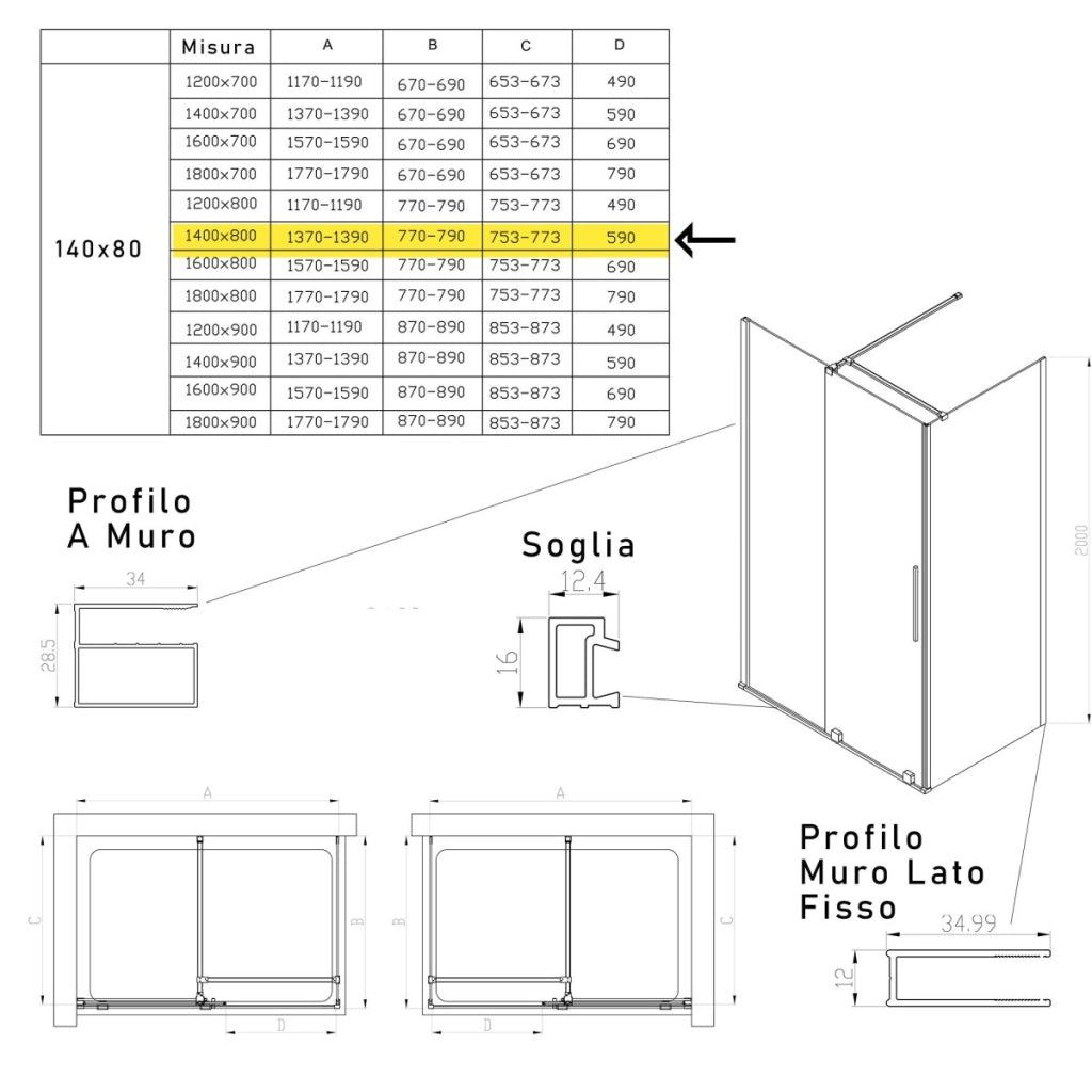 Box doccia due lati anta scorrevole senza profili 8mm h200 brenta, misura 80x140