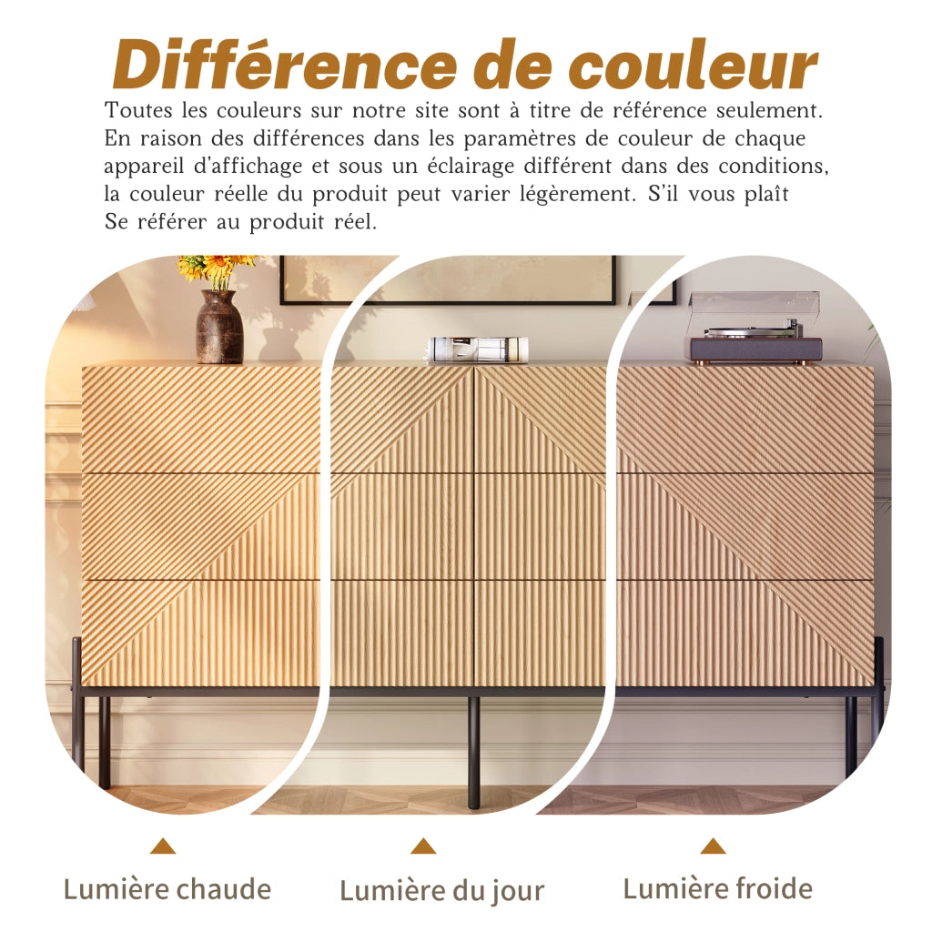 Credenza con 6 Cassetti e Gambe in Metallo; Frontale 3D Geometrico; Stile Moderno; in MDF; Naturale; 115;5??38??75 cm