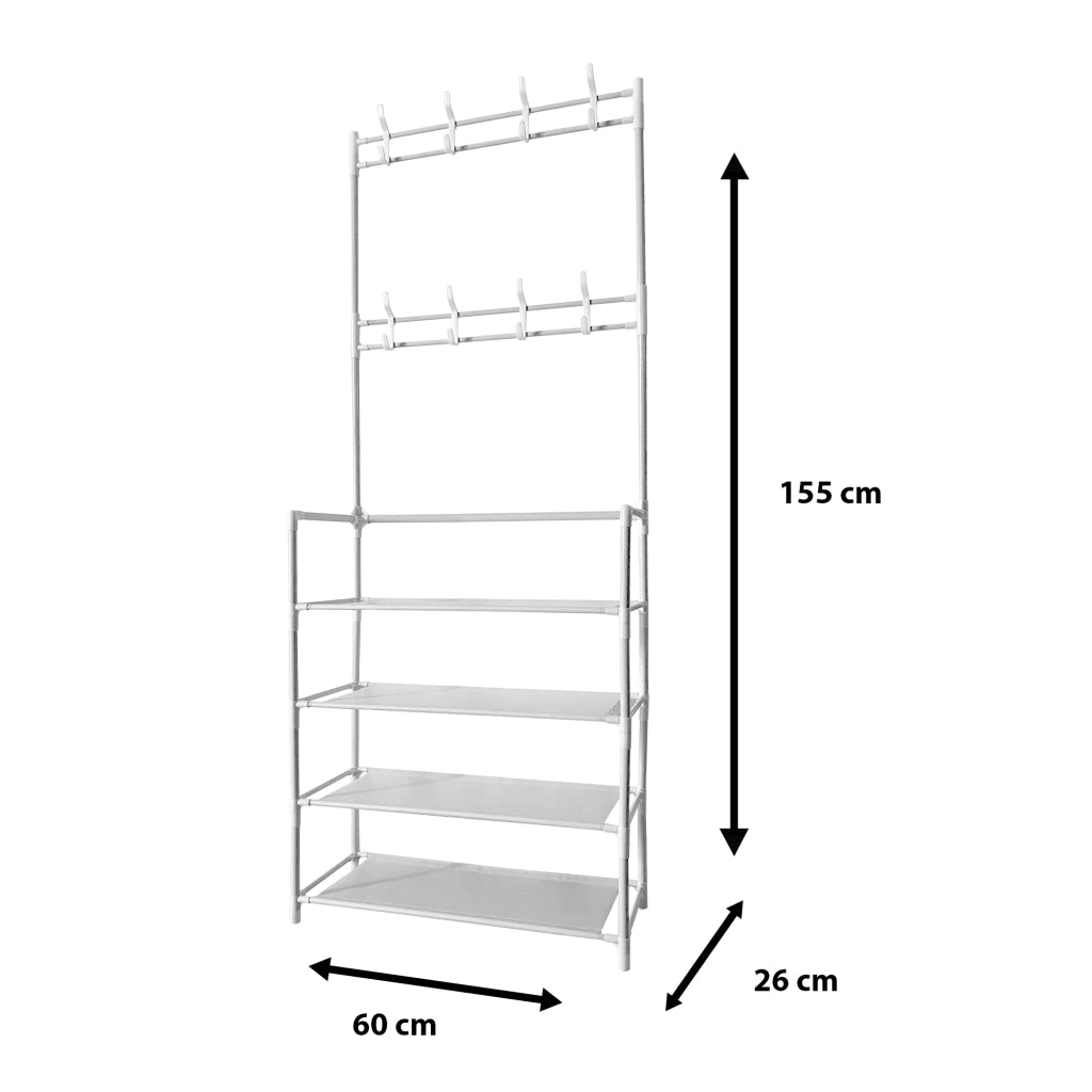 Appendiabiti da ingresso in metallo Nyana Home 155x60x28cm, 4 ripiani, 8 grucce Bianco