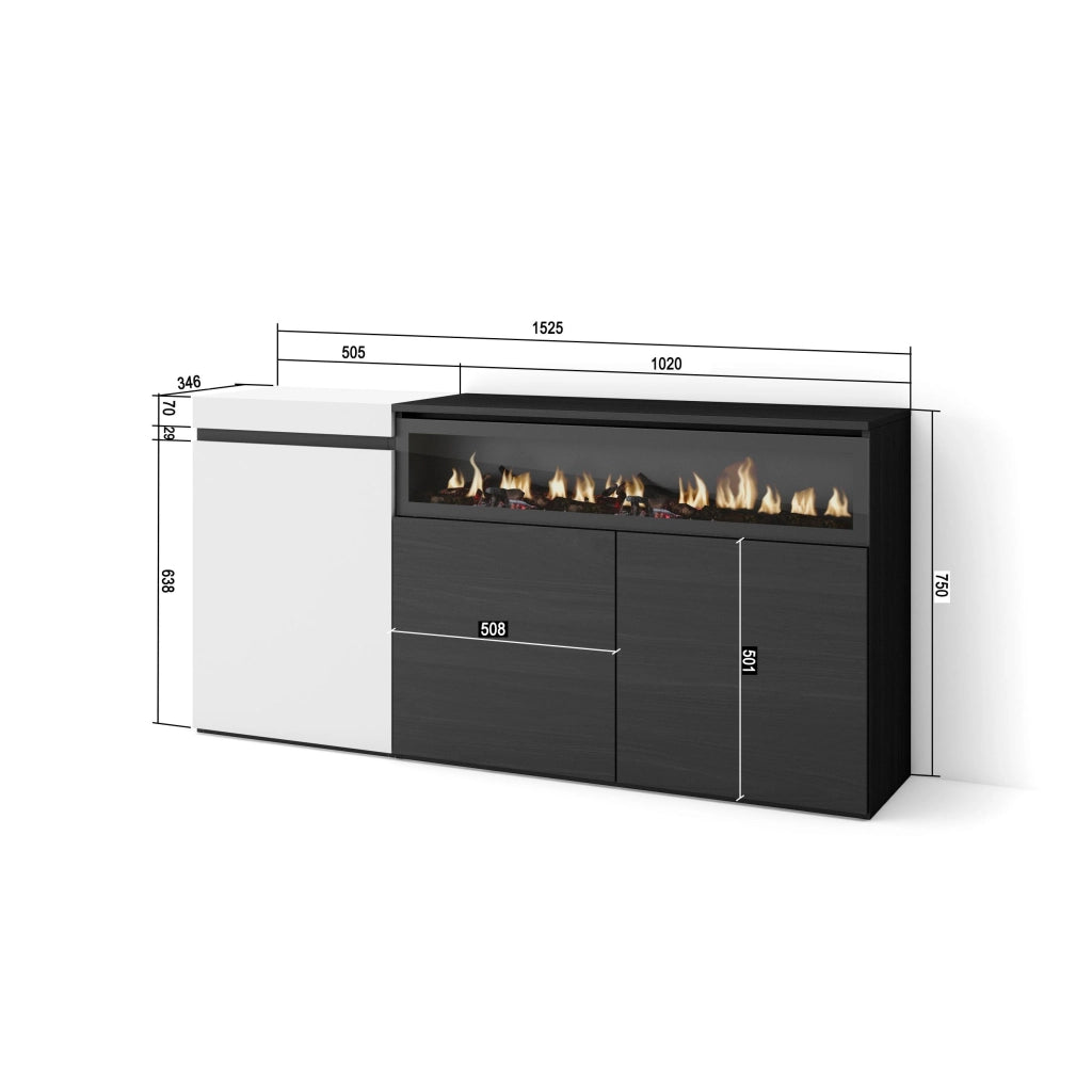 Credenza, Mobile, 150x35x75cm, 3 Porte, Camino elettrico, Bianco e nero RF2506