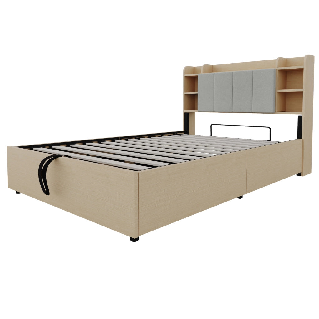 Letto 140x200 cm con contenitore idraulico e testiera con vani in MDF