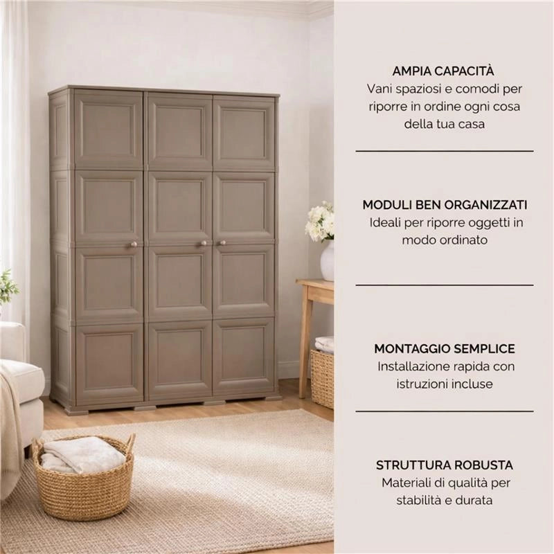 ARMADIO 3 ANTE WENGÉ 118X43X164 CM CON PUNTALI E ANTE EFFETTO LEGNO, MOBILE CONTENITORE ALTO PER ZONA GIORNO E BALCONE COPERTO