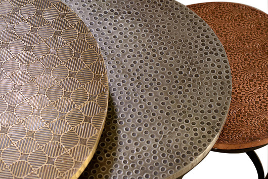 Set 3 tavollini incastrabili finiture rame, ottone e bronzo