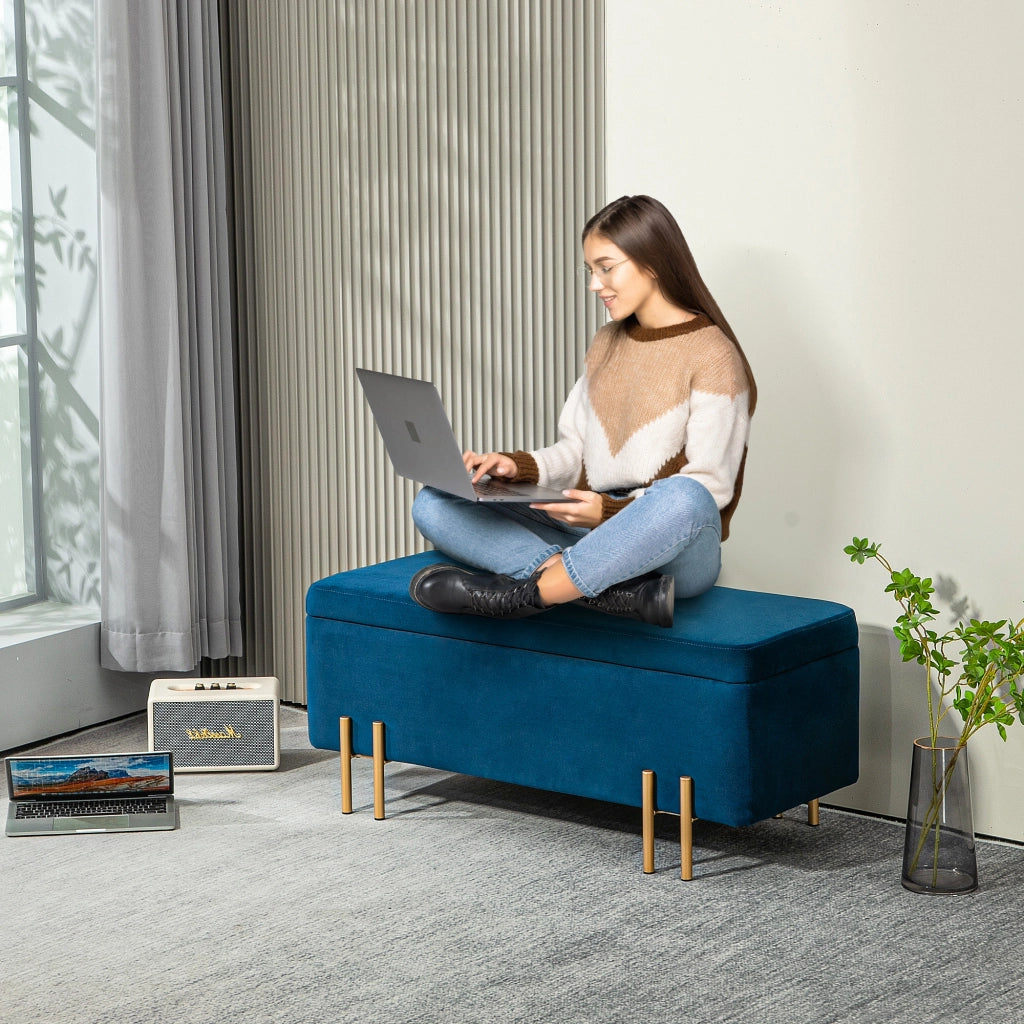 Panca imbottita con contenitore ¨C Minimal ¨C blu scuro metallo 100x40x42 cm