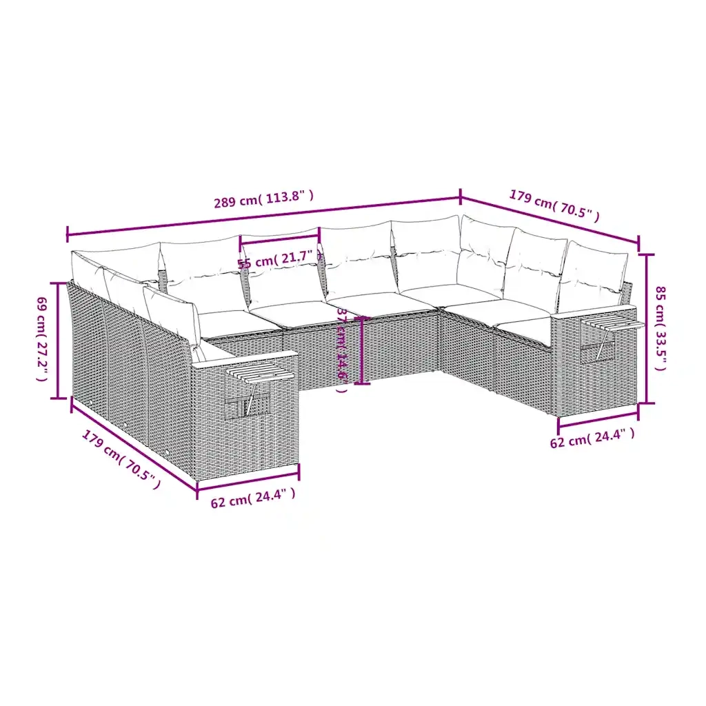 Set Divano da Giardino 9 pz con Cuscini Grigio in Polyrattan