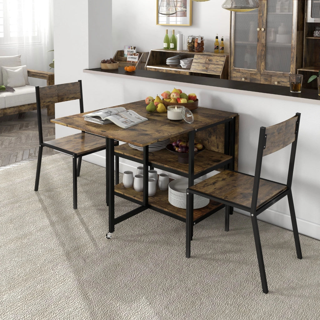 Tavolo da pranzo pieghevole con ruote e 2 ripiani 140x80 cm marrone