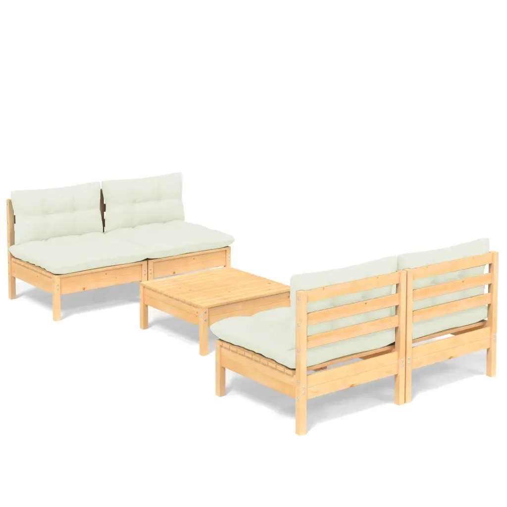 Set Salotto da Giardino 5pz con Cuscini Crema in Legno di Pino 3096004