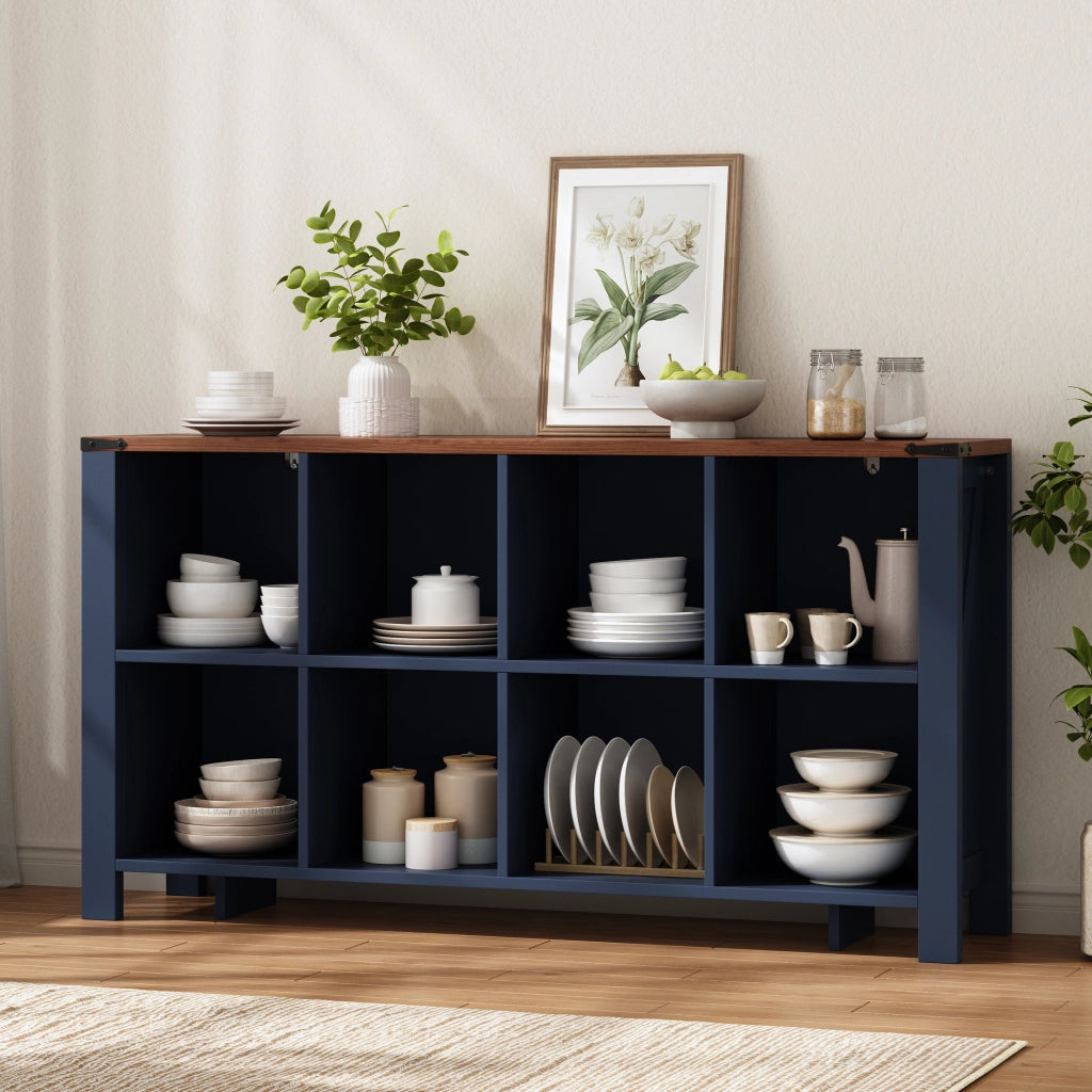 Libreria con 8 vani aperti; per soggiorno e cucina; in MDF blu; 140×34×75 cm