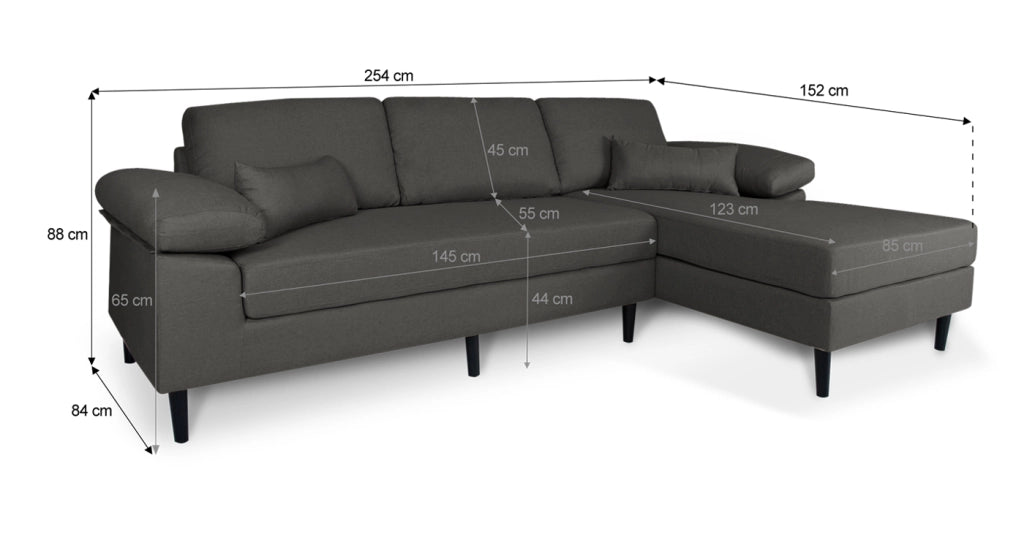 Divano angolare 3 posti con chaise longue destra tessuto grigio scuro - Washington - DI-WA05FBC-CLDX