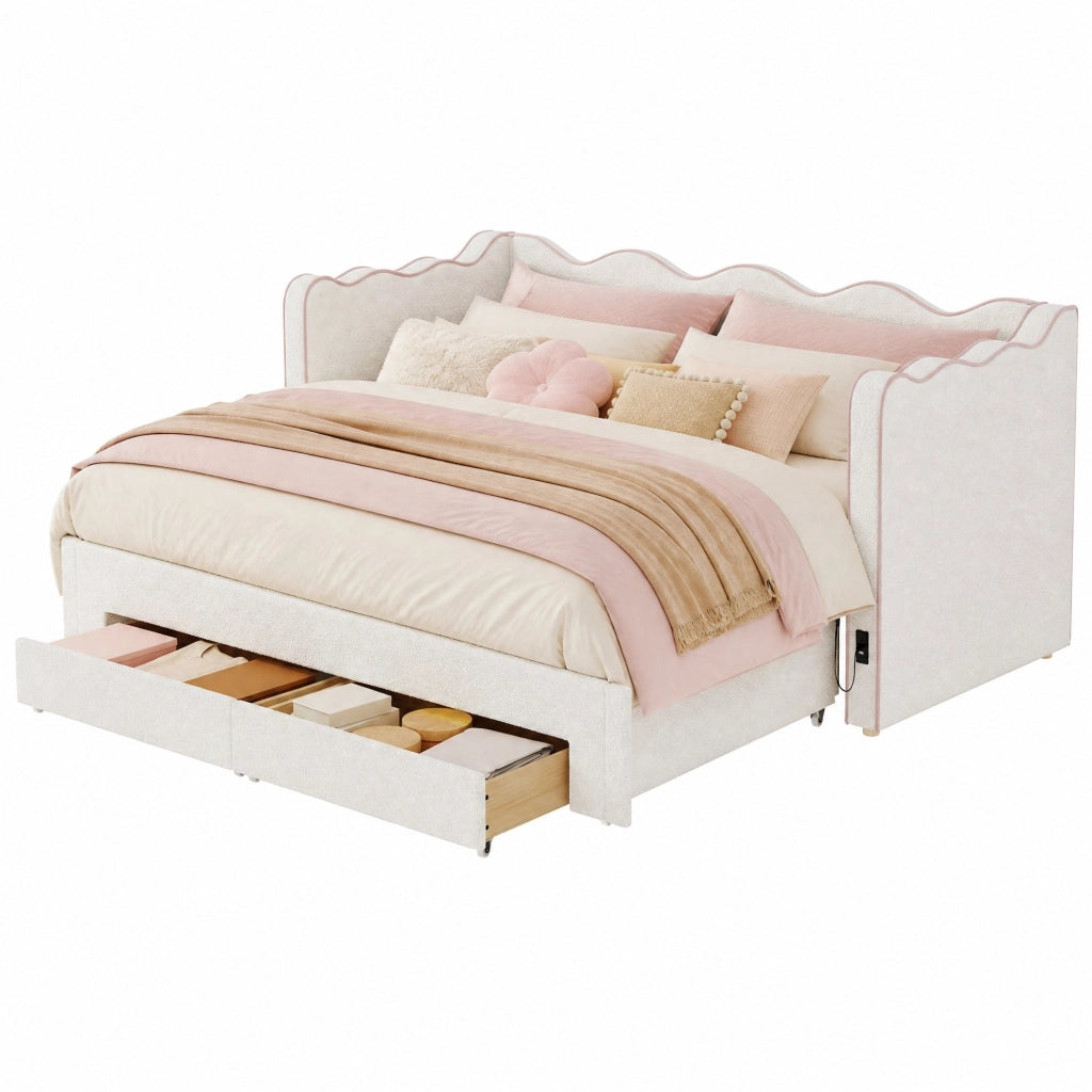Letto daybed estraibile con cassetti, USB e Type-C, bouclé beige, 90x200 cm