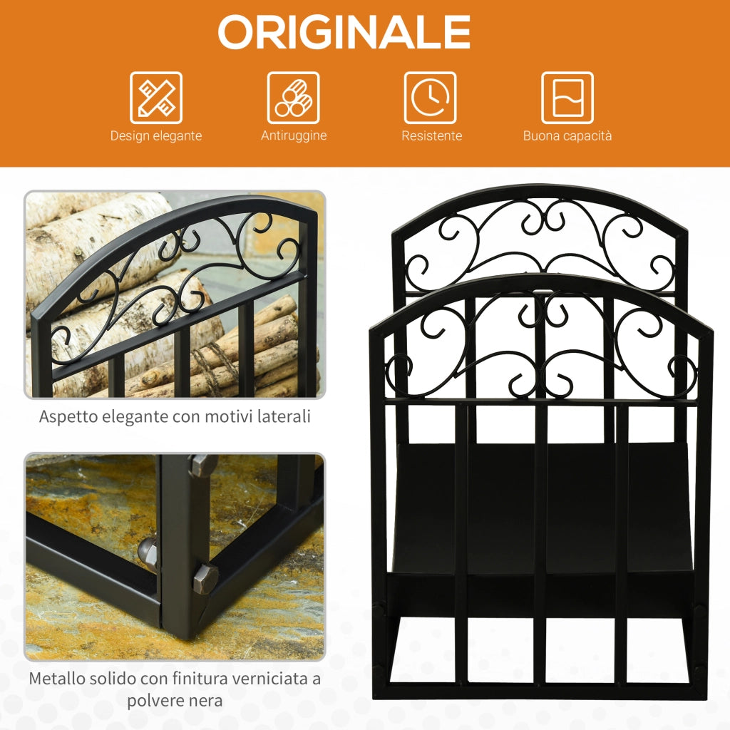 Porta Legna da Interno ed Esterno in Metallo con Ripiano ¨C zephmum ¨C Nero, 60.5x36x46.5cm